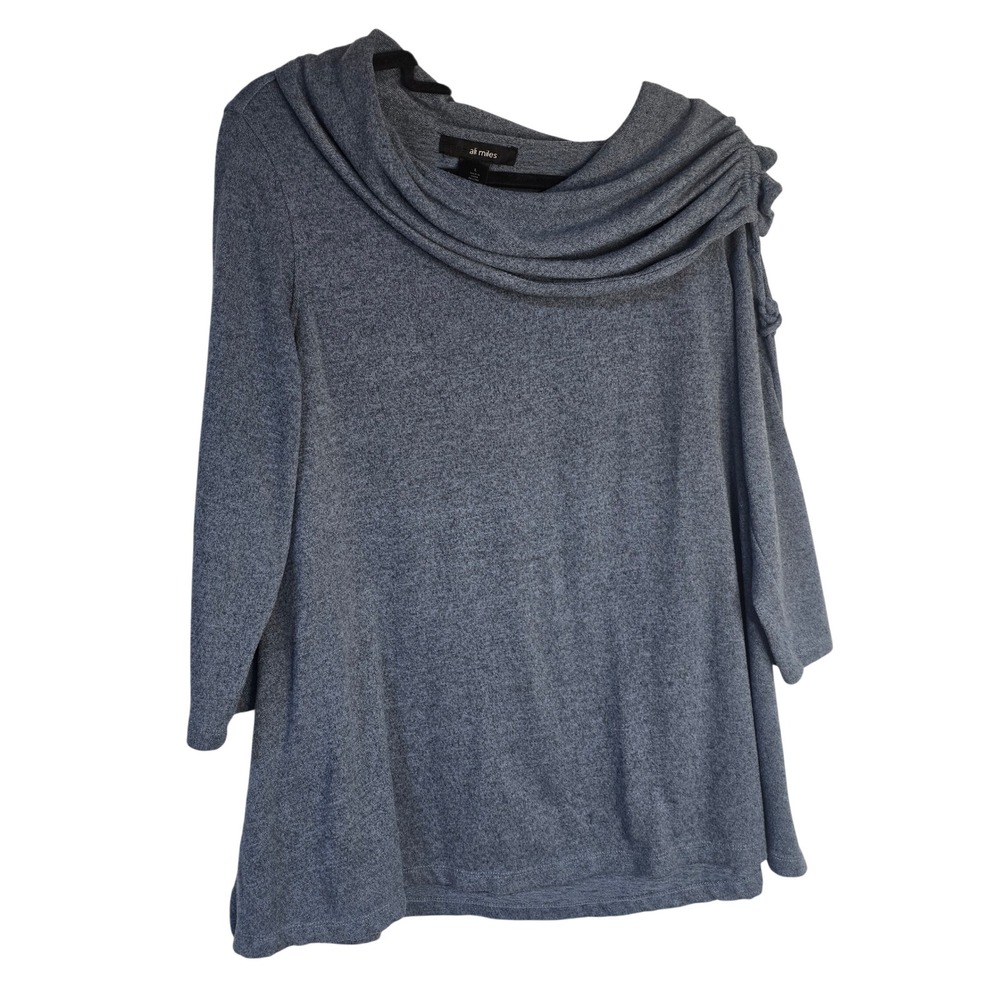 Ali Miles Cowl Neck Tunic Top Womens Large Blue Heathered Knit Poly Spandex